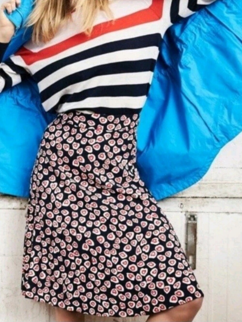 J. Crew Navy pleated midi Skirt with Red and White Heart Print size 12